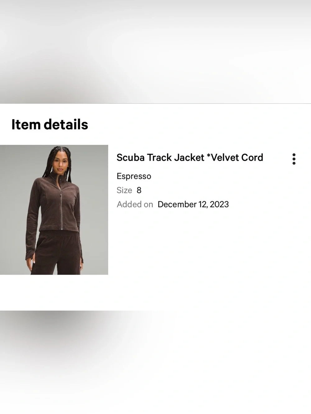 Lululemon Scuba Track Jacket *Velvet Cord in Espresso size 8